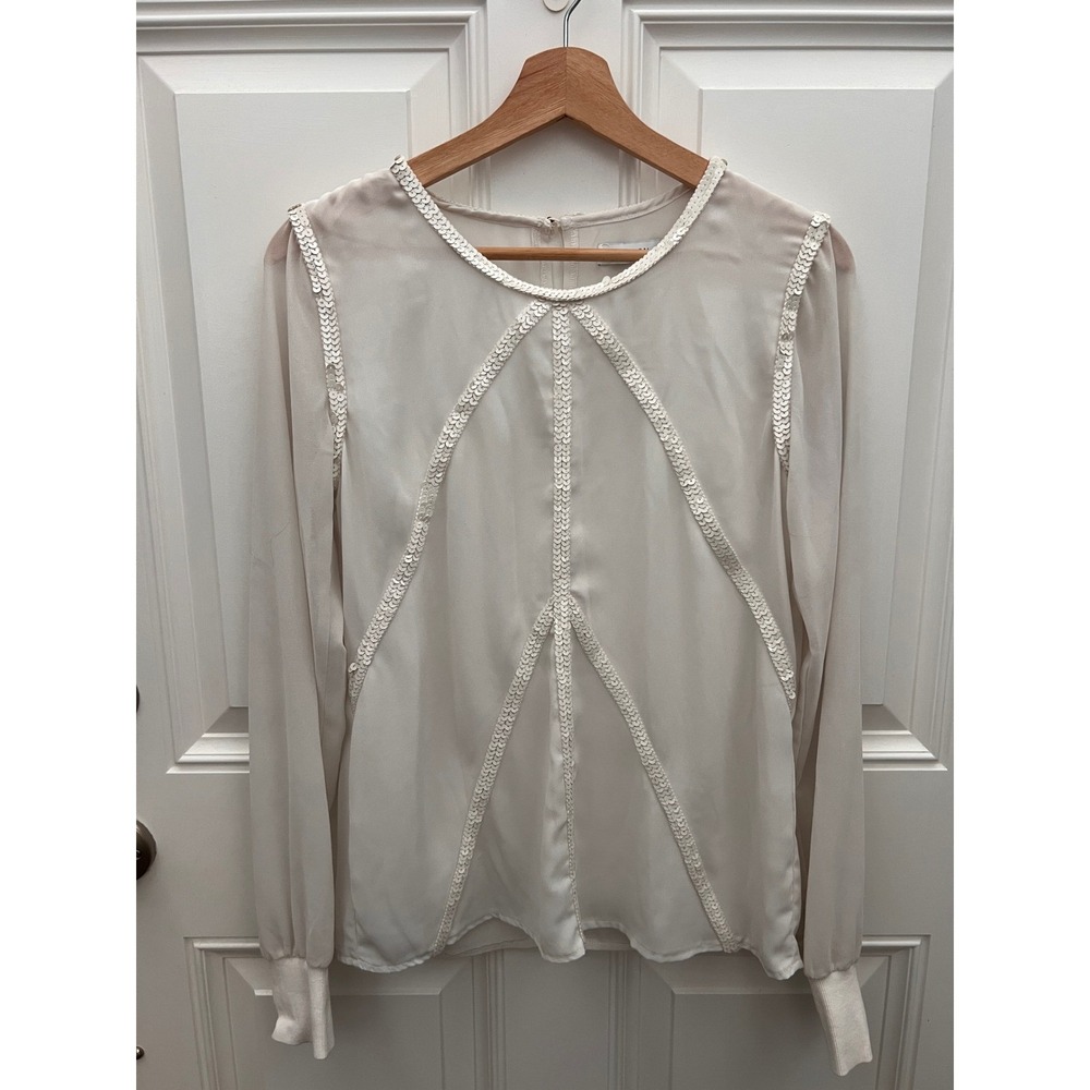Ambition Womens White Sequin Trim Long Sleeve Blouse Top Size M TP-8002